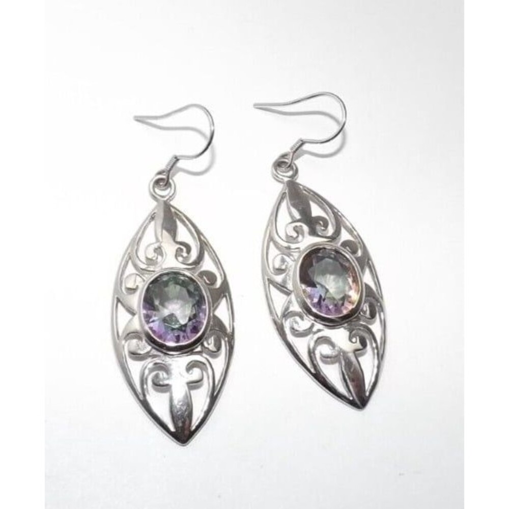 Mystic Topaz Earrings Solid Sterling Silver Simulated Topaz Art Deco Filigree